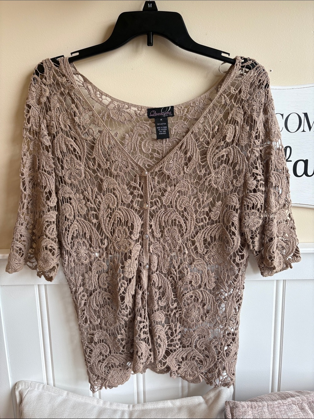 Openwork Crochet V-Neck Sweater Shrug in Taupe